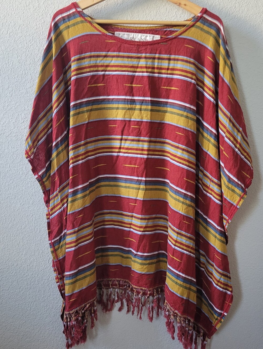 Ryan Michael Linen Viscose Southwestern Poncho Fringe Boho Western Cape L /XL